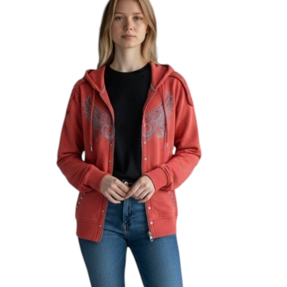 Coogi Y2K Angel Wings metallic studded red Knit hooded zip front jacket Sz M - Picture 11 of 12